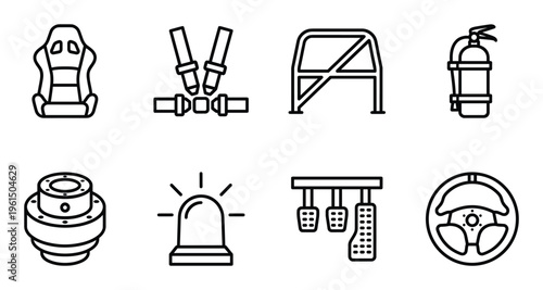 Racing car parts, safety equipment, interior accessories outline icons, sport car