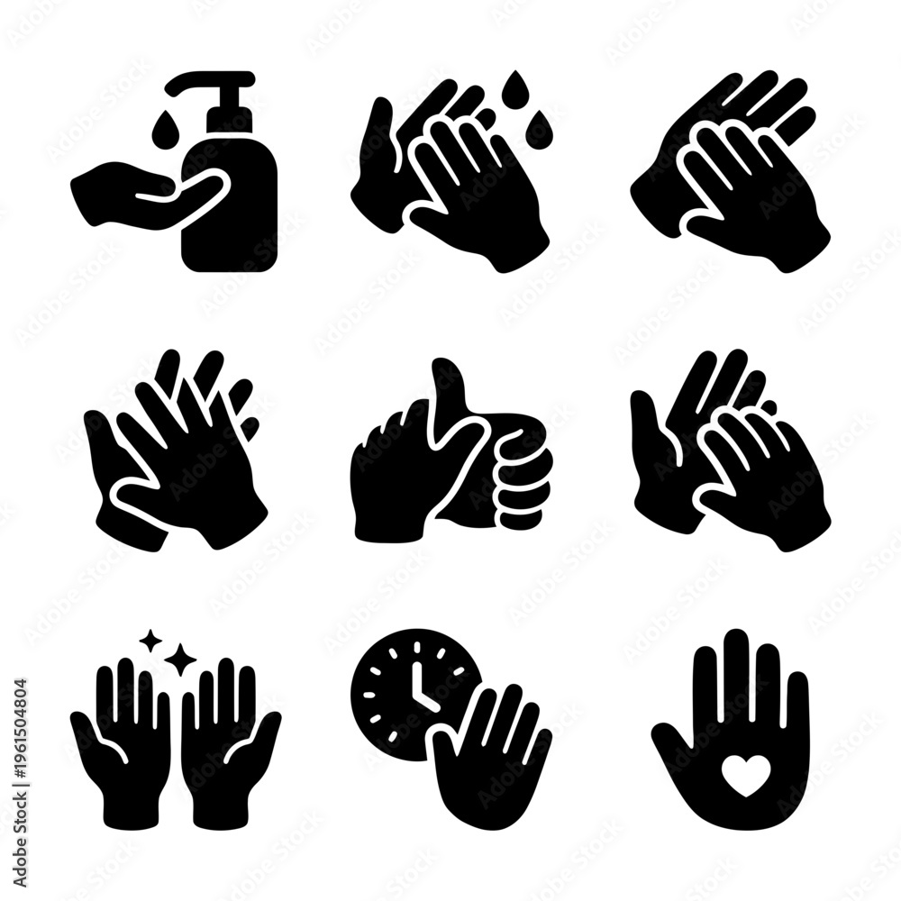 Fototapeta premium Collection of Hand Washing and Hygiene Icons for Safety and Cleanliness.