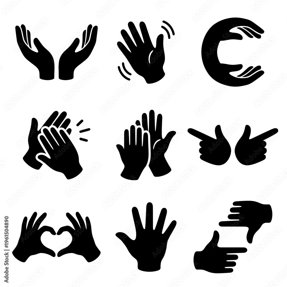 Fototapeta premium Collection of Various Hand Gesture Icons in Silhouette Style for Communication and Expression.