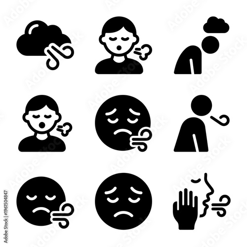Collection of Simple Black and White Emojis Depicting Various Emotions and Expressions.