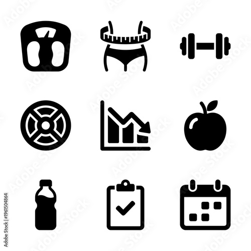 Fitness and Health Equipment Icons for Workout and Nutrition.