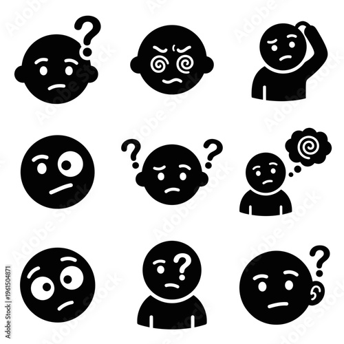 Collection of Cartoon Confused and Puzzled Emotions Icons.