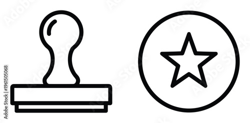 Rubber stamp tool and a seal with a star icon outline vector illustration
