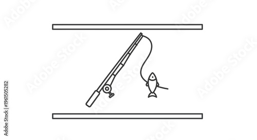 Minimalist fishing rod illustration with a hooked fish line art icon depicting an outdoor