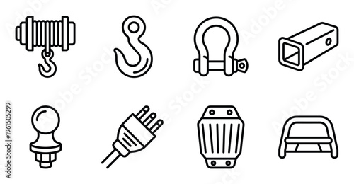 Towing and cargo equipment, auto accessories, car parts outline icons, pickup truck parts