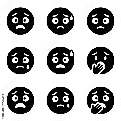 Collection of Sad and Worried Emoticons in Black and White.