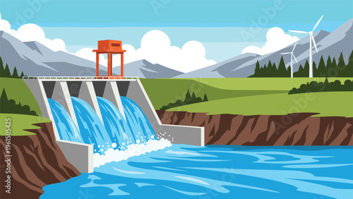 Hydroelectric power plant dam releasing water through gates with mountains and wind turbines in a green landscape setting.