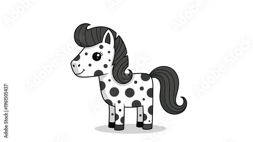 Charming cartoon illustration of a cute white pony with grey spots and a large dark mane standing on a white background.