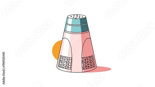 Modern salt or pepper shaker with a pink and blue body and a stylized orange circle background for kitchen accessory themes.