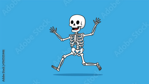 Animated skeleton character running with a surprised expression and open mouth against a bright solid blue background.