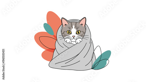 Adorable grey tabby cat wrapped in a cozy grey blanket with colorful leaves in the background for a warm domestic feel.