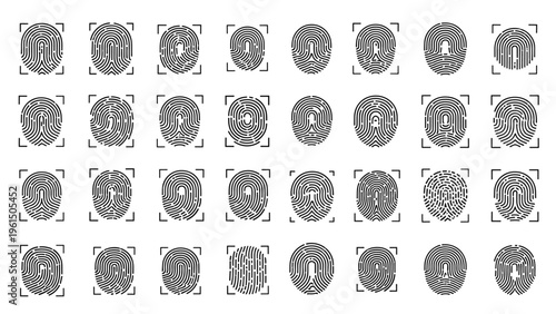 Collection of diverse fingerprint patterns displayed in a grid format for biometric security and forensic identification purposes.