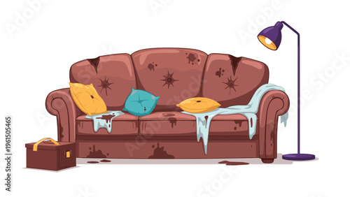 Old tattered brown sofa with stains and tears accompanied by pillows, a blanket, and a purple floor lamp in a room.