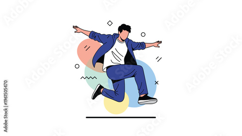 Dynamic illustration of a young man in casual clothing jumping in front of abstract colorful geometric shapes and lines.