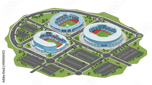 Isometric view of a modern sports complex featuring three large stadiums with green grass fields and extensive parking lots.