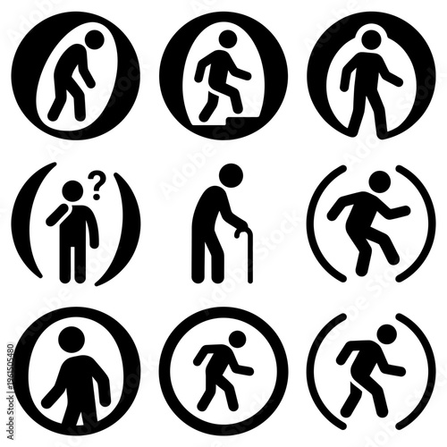 Collection of Various Walking and Running Person Icons in Circular Frames.
