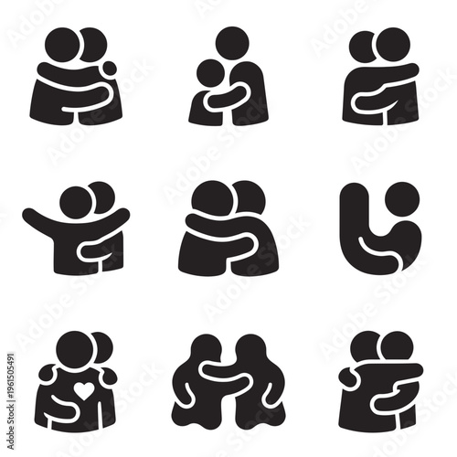 Collection of Black and White Iconic Hugging Figures for Emotions and Relationships.