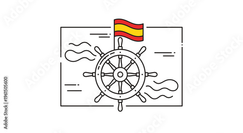 Streamlined linear icon featuring a ship's helm and waving Spanish flag symbolizing sea travel and