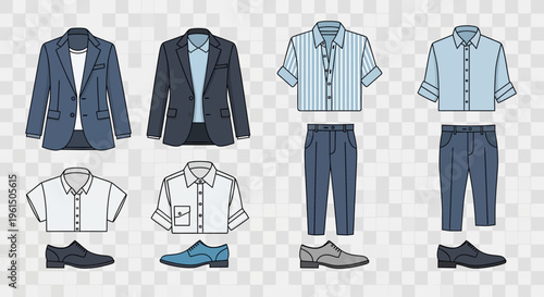 Mens clothing and shoes on display.