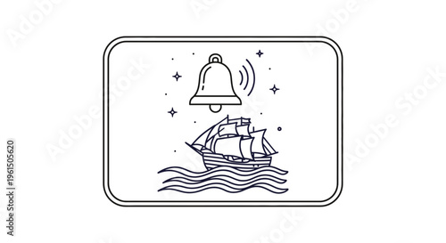 Minimalist line art depiction of a classic sailing vessel navigating ocean waves under a vibrant