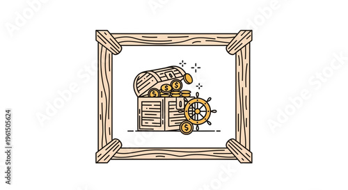 Vibrant illustration of a treasure chest overflowing with gold coins and a ship wheel