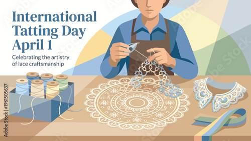 An illustration celebrating International Tatting Day on April 1st, showing a person crafting intricate lace with a shuttle, surrounded by spools of thread and finished lace pieces.