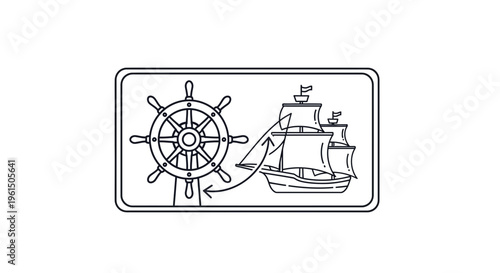 Outline illustration depicting nautical navigation and maritime adventure with a ship's wheel