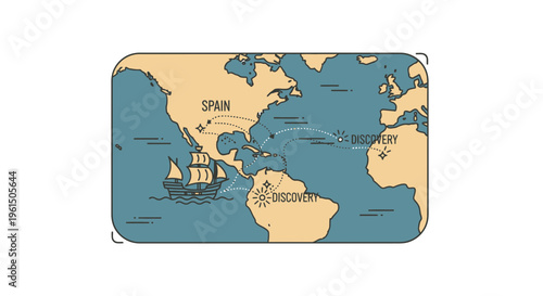 Illustrative map detailing historical global discovery routes originating from Spain with a