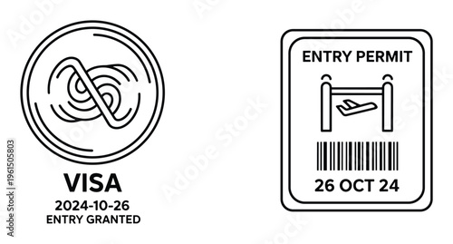 Visa entry permit stamps fingerprint and airplane graphics with date and text on transparent background