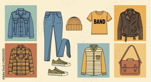 Fashion clothing and accessories on display.