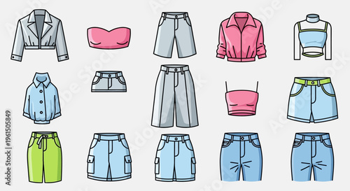 Collection of various clothing items displayed.