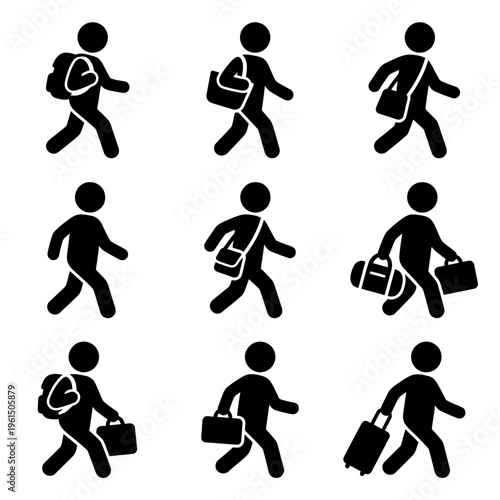 Silhouette of Students Carrying Bags Walking and Running in Various Poses.
