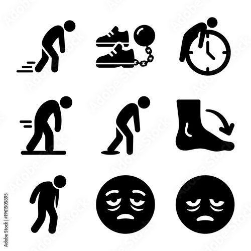 Collection of Black Silhouette Icons Depicting Exercise and Time Management Activities.