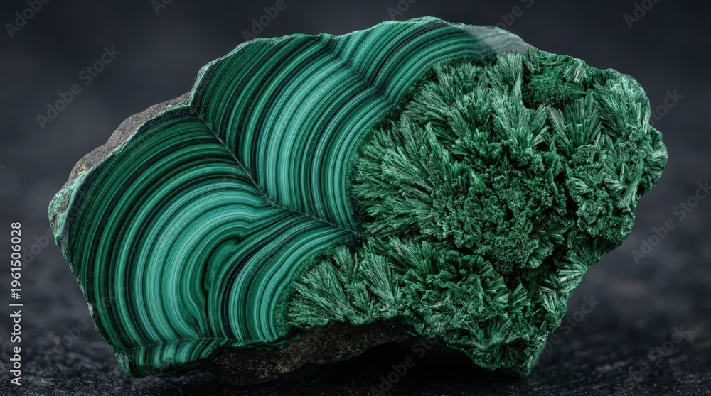 Fototapeta premium Malachite Mineral Specimen with Vibrant Green Concentric Banding and Fibrous Crystal Texture