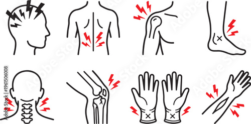 Body Pain and Joint Injury Icon Set - Headache, Backache, Knee Ache, Neck Stiffness, and Bone Fracture Symbols for Medical and Healthcare Design.