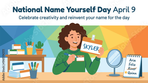 Illustration of a person celebrating National Name Yourself Day by writing a new name 'Skyler' on a whiteboard, surrounded by creative elements.