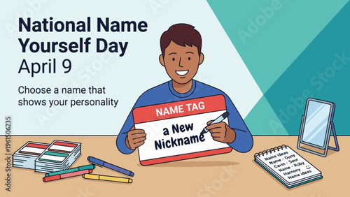 National Name Yourself Day April 9 Creative Identity Illustration, Man Choosing New Nickname, Self Expression and Personality Concept, Imagination Flat Vector Design