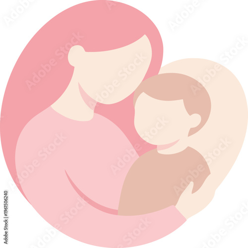 Premium flat vector illustration of a mother and child embracing in a natural heart shaped silhouette with soft pastel tones on white background