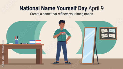 National Name Yourself Day April 9 Self Identity Illustration, Man Creating New Persona in Mirror, Imagination and Creativity Concept, Personal Expression Flat Vector