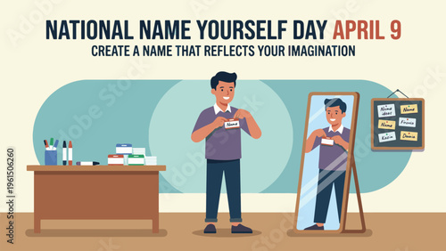 National Name Yourself Day April 9 Identity Concept Illustration, Man Imagining Alternate Persona in Mirror, Creativity and Self Expression, Personal Identity Flat Vector Design