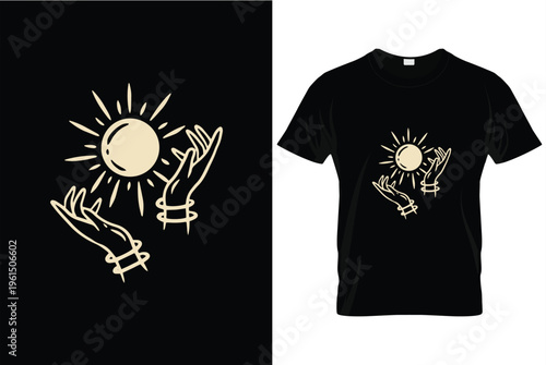 Mystical Hands Holding Celestial Sun Sacred Astrology T-Shirt Design
