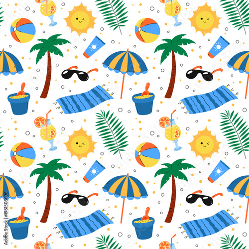 Summer vacation pattern vector with cute beach elements. Tropical doodle seamless background with sun, umbrella, palm trees, citrus cocktail. Playful colorful repeat illustration