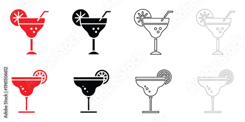 Margarita cocktail icon vector set, cocktail glass vector, silhouette and line art illustration