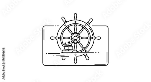 Minimalist line art illustration featuring a vintage ship's wheel and sailing boat on water