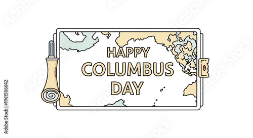 A vibrant celebratory illustration for Columbus Day featuring a stylized world map and historical