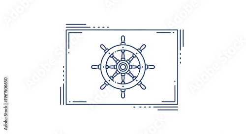 Minimalist line art ship's wheel icon within an elegant geometric frame symbolizing maritime