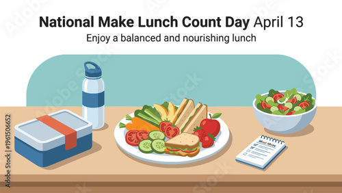 National Make Lunch Count Day April 13 Healthy Meal Illustration, Balanced Nutrition Lunchbox, Fresh Food Concept, Diet Planning, Clean Flat Vector Design
