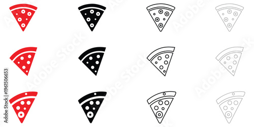 Pizza slice icon vector set, pizza fast food snacks vector, silhouette and line art illustration