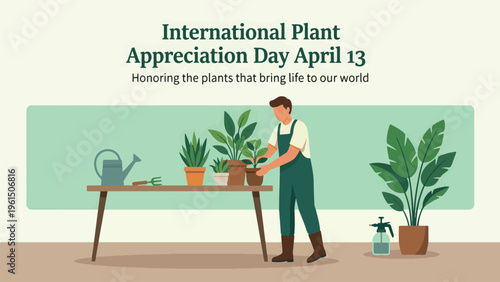 An illustration celebrating International Plant Appreciation Day on April 13, featuring a man tending to various potted plants on a table with gardening tools.
