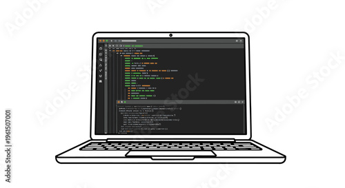 Laptop computer with coding on screen.